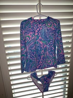 Lilly Pulitzer Pink Blue Green Girls' Long Sleeve Rashguard Swimsuit Set LIKENEW